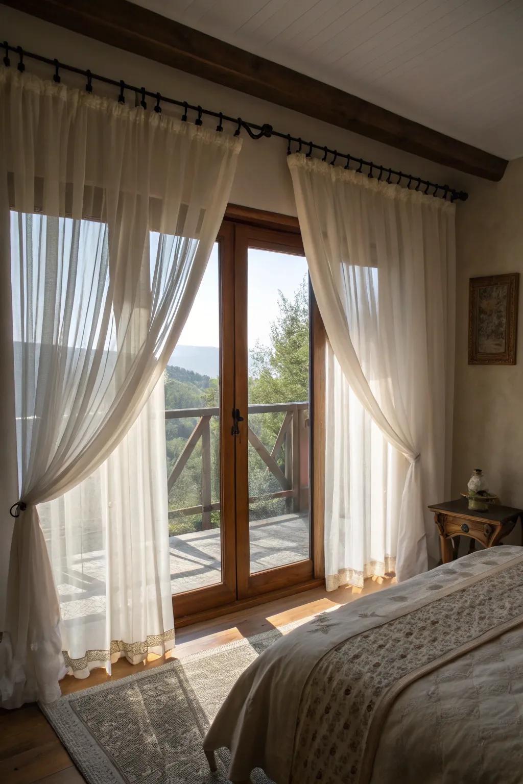 Layered drapes and sheers make the atmosphere soft and welcoming.