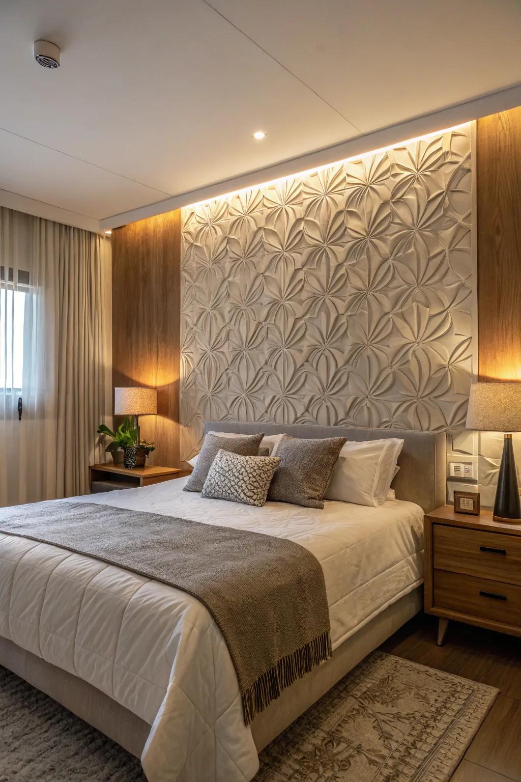 A bedroom with a textured wall that catches the eye.