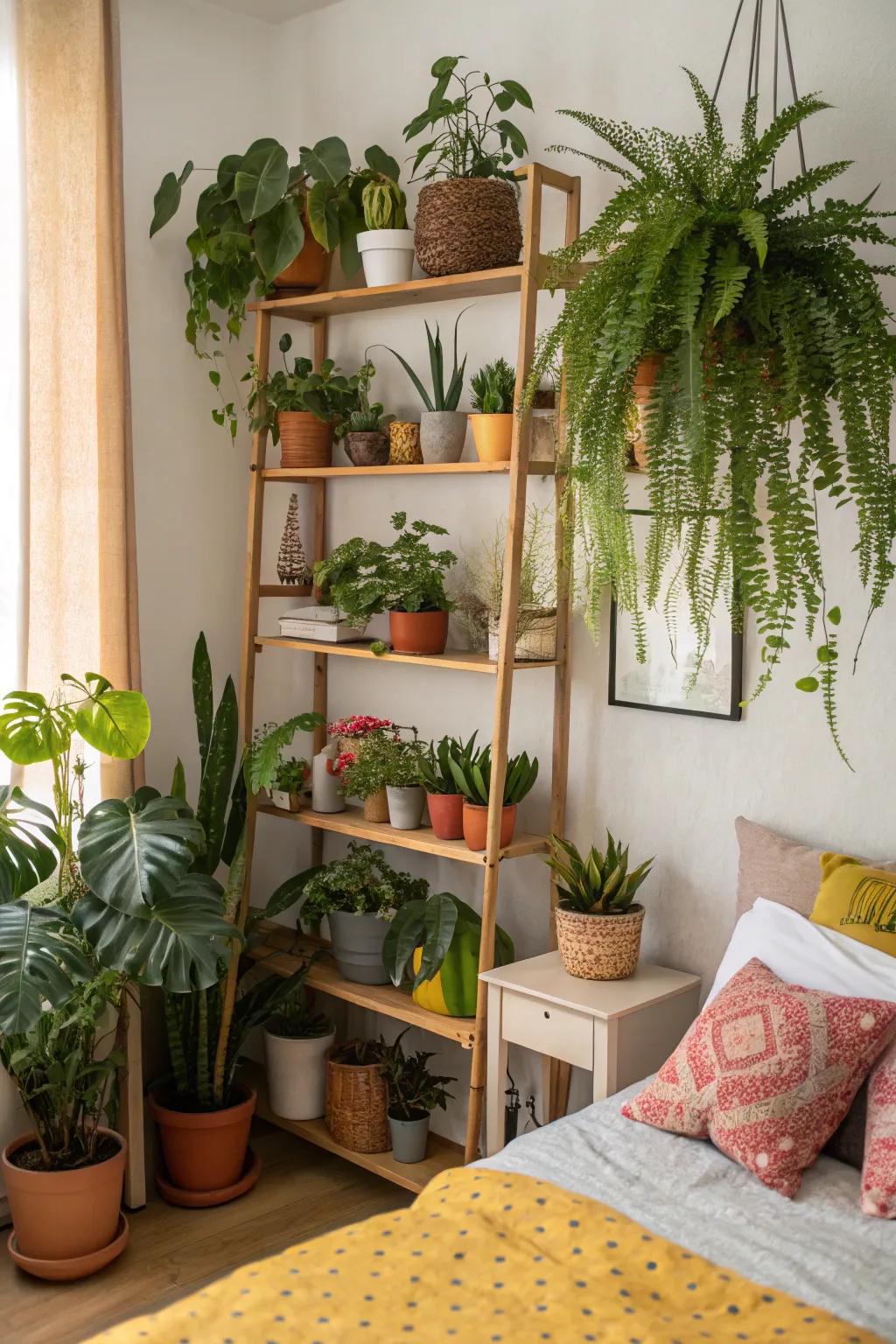 Plants inject a sense of freshness and vitality into bedroom shelves.