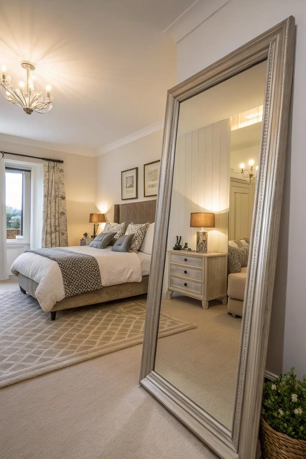 Looking glasses enhance light and create a picture of more space in the bedroom.