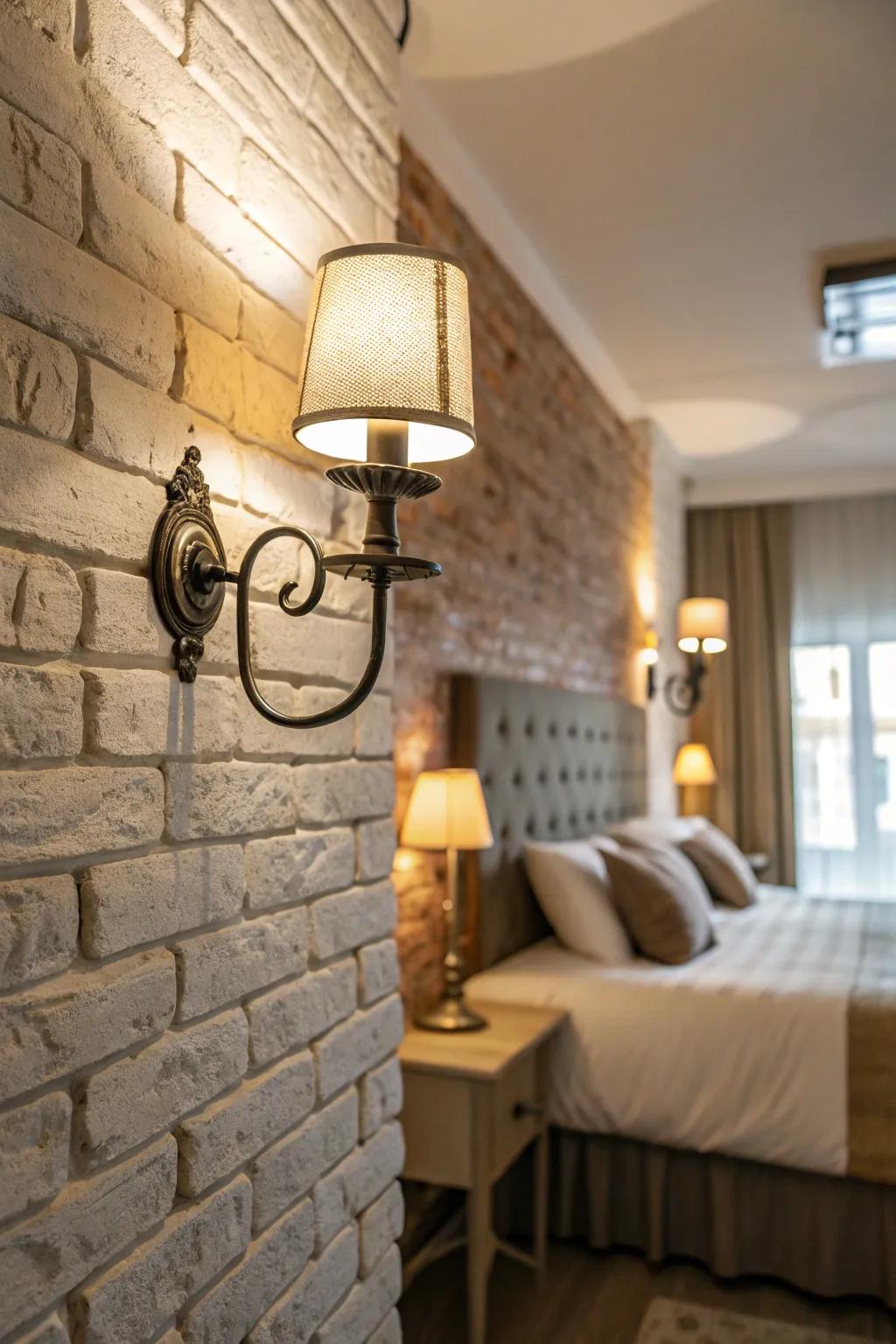 Textured backdrops enhance the appeal of wall sconces.