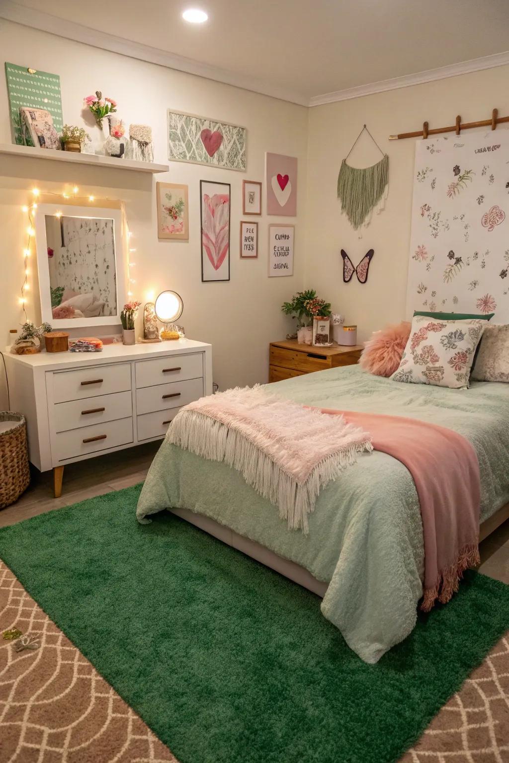Customized art and accents add character to the bedroom, harmonizing with the emerald floor covering.