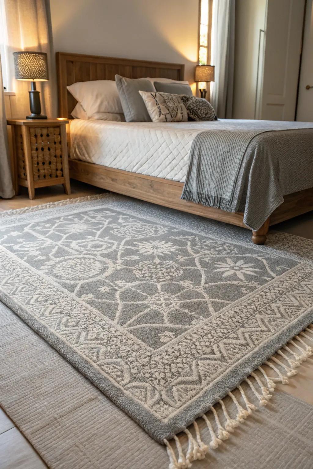 A grey rug anchoring the space with texture.
