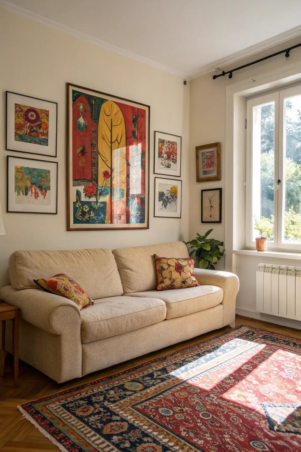 Vibrant artwork transforms a sand-toned sofa living room into a lively space.