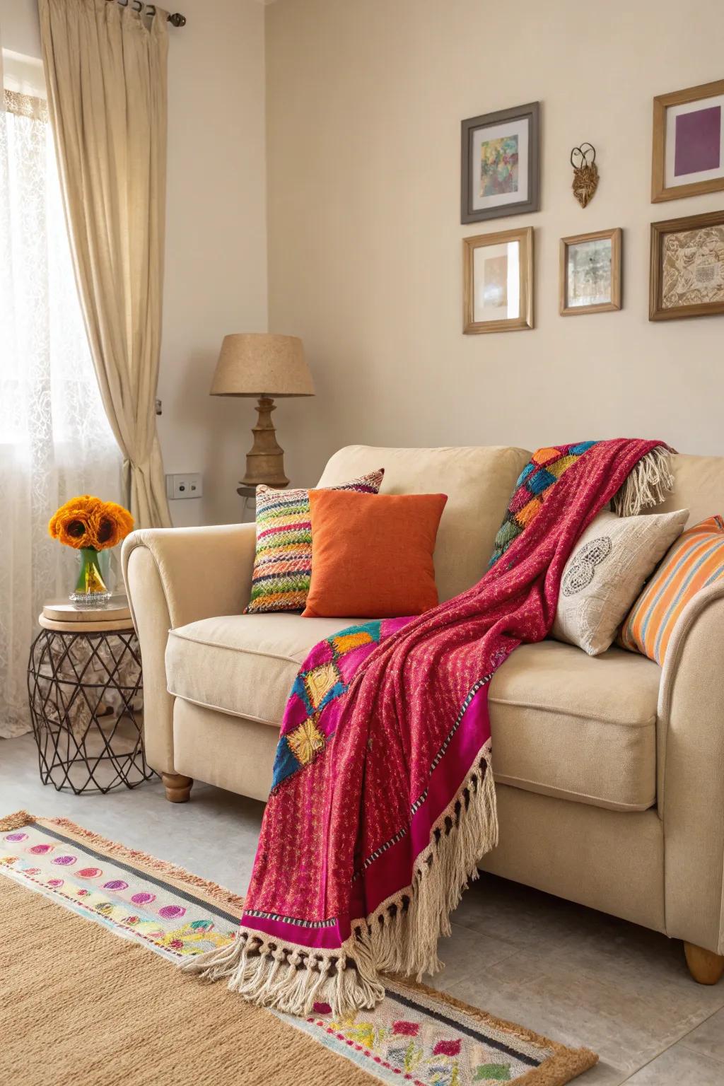 Strong accents can enliven a beige lounge.