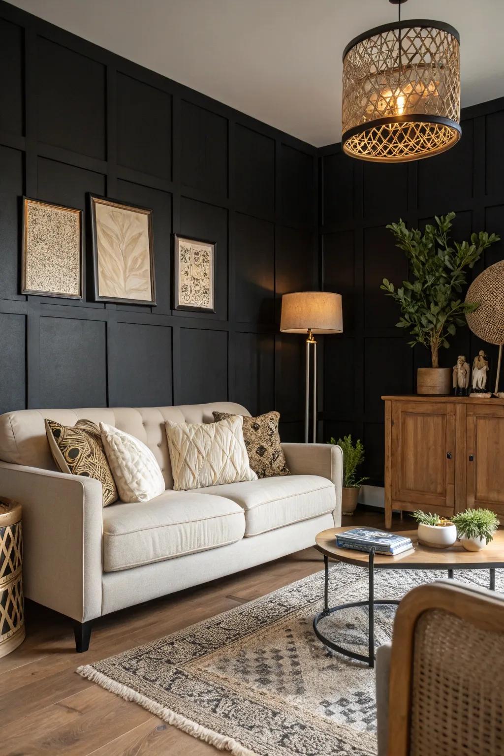 A black feature wall adds modern style and depth.