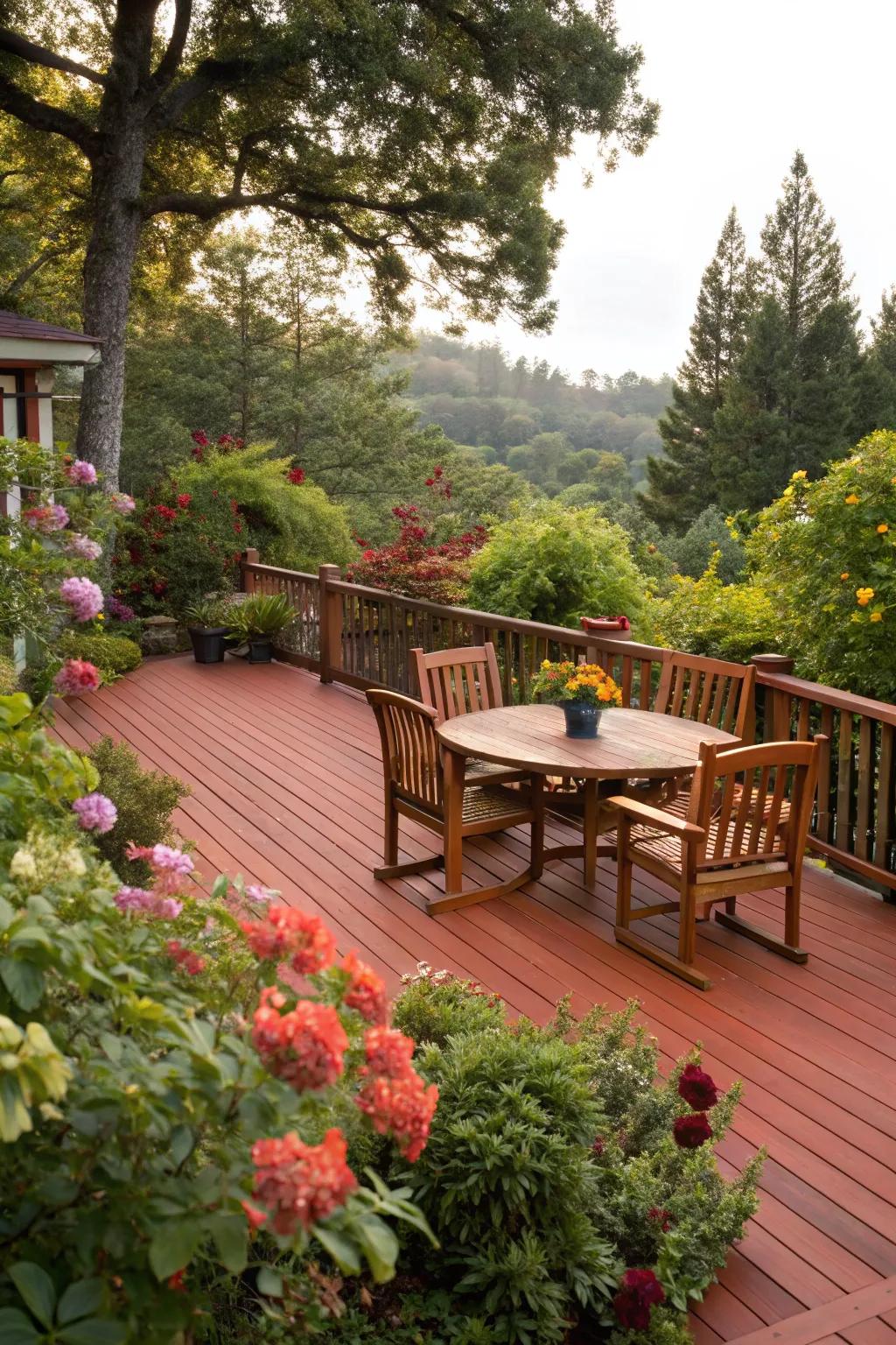 Crimson wood decks inject a spirited touch into open-air environments.