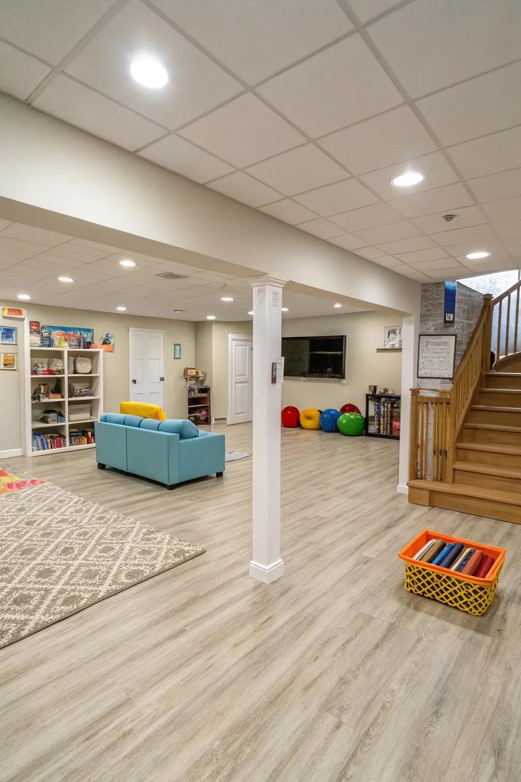 Pale vinyl flooring is capable of brightening any basement area.
