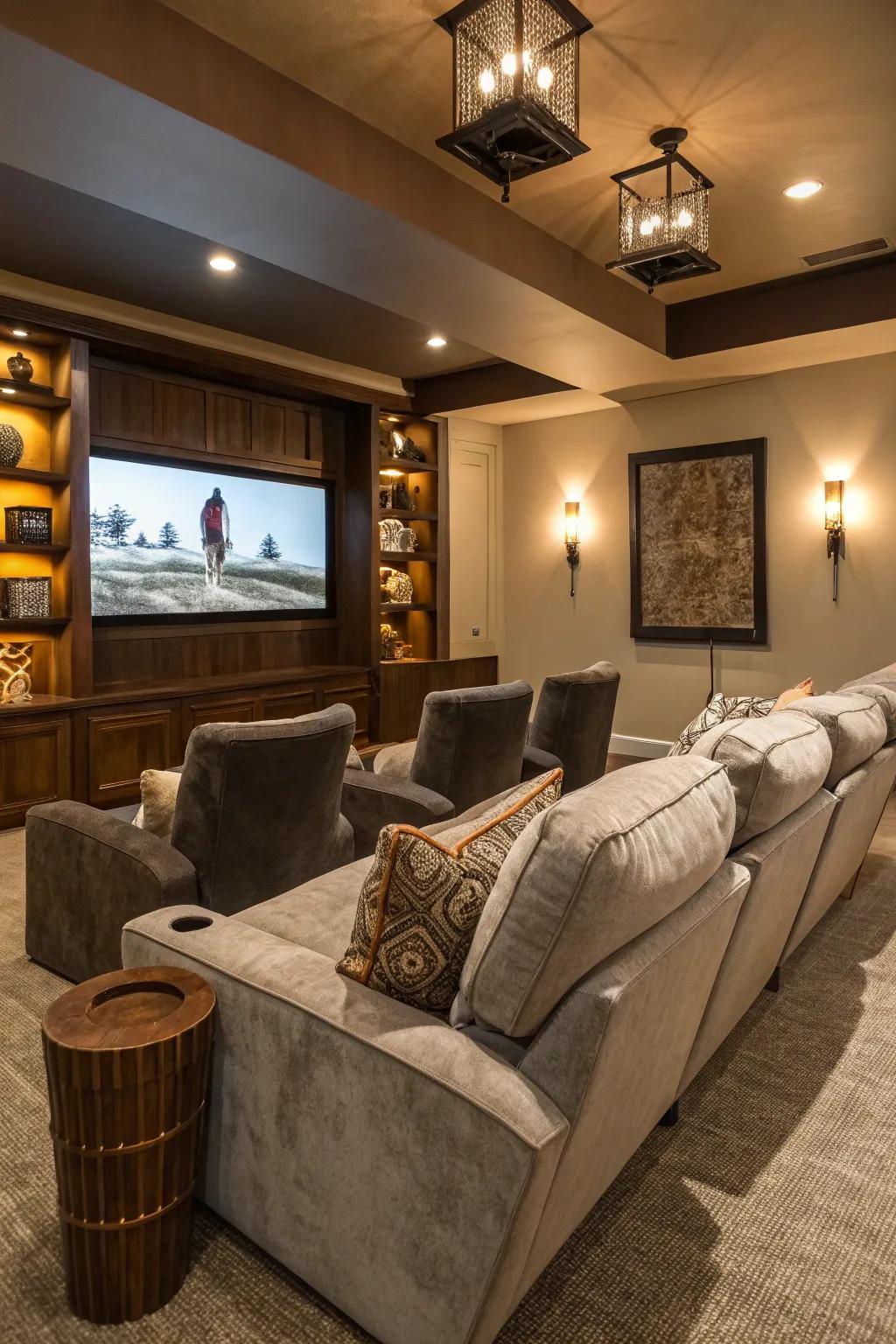 Lounge chairs add personal style and comfort to this home theater.