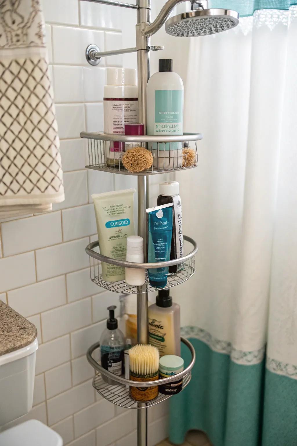 Amplify vertical space using a pole-style shower butler.