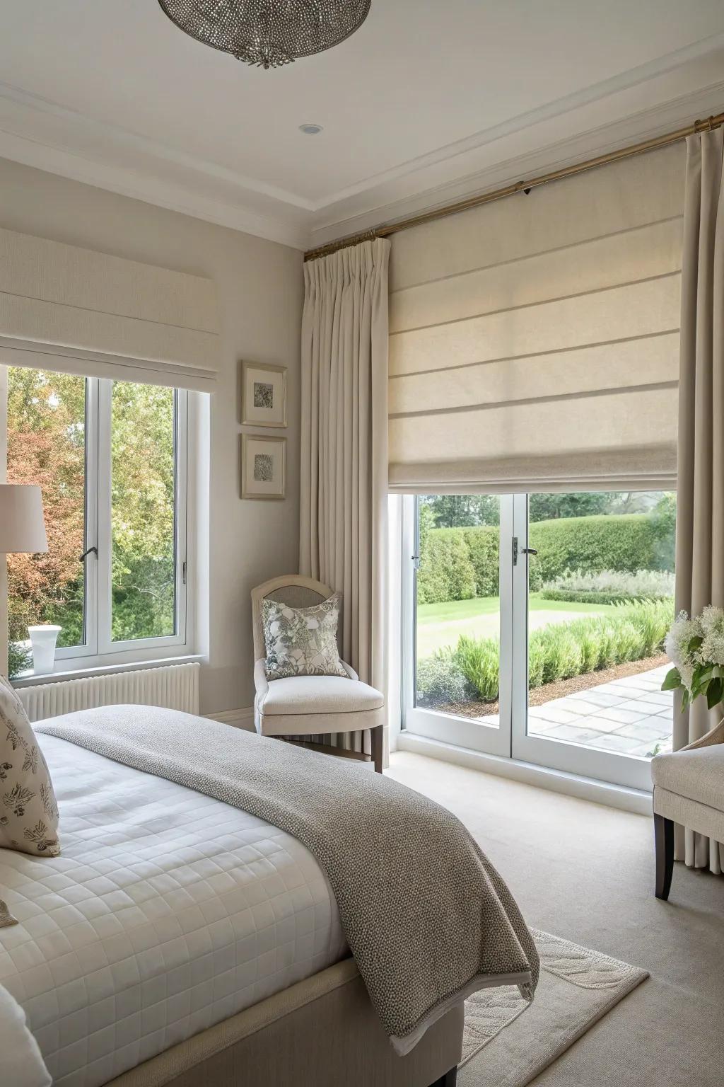 Intelligent window coverings in a bedroom adjust to the perfect level, beautifully balancing privacy and natural light.