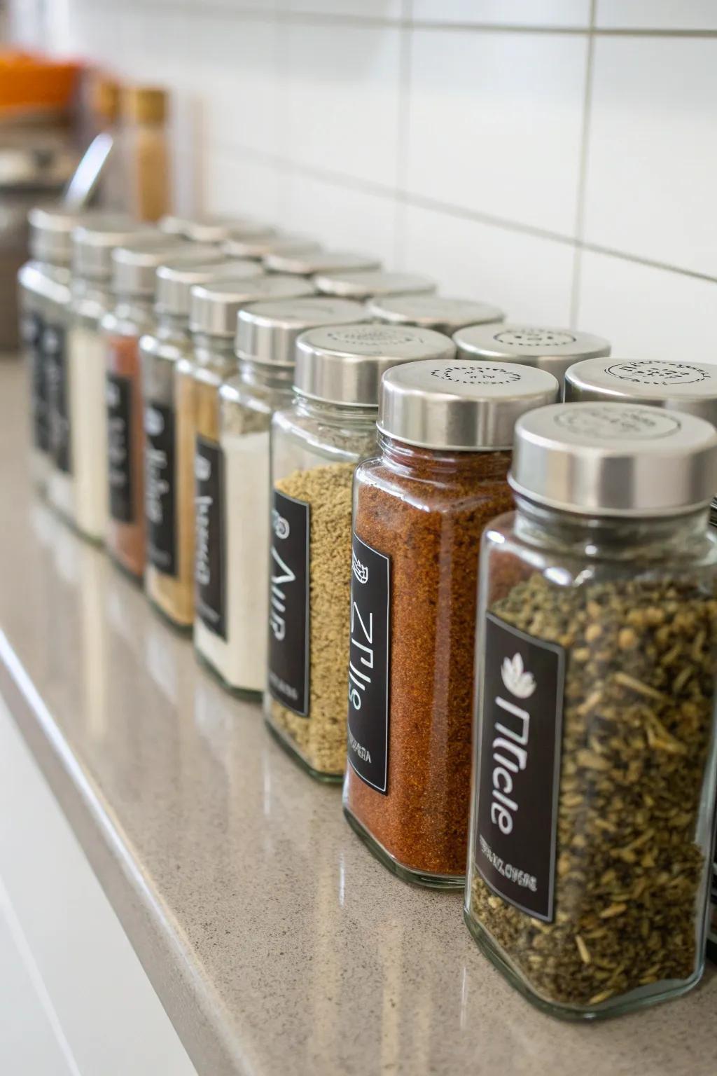 For a unified spice display, use matching glass jars.
