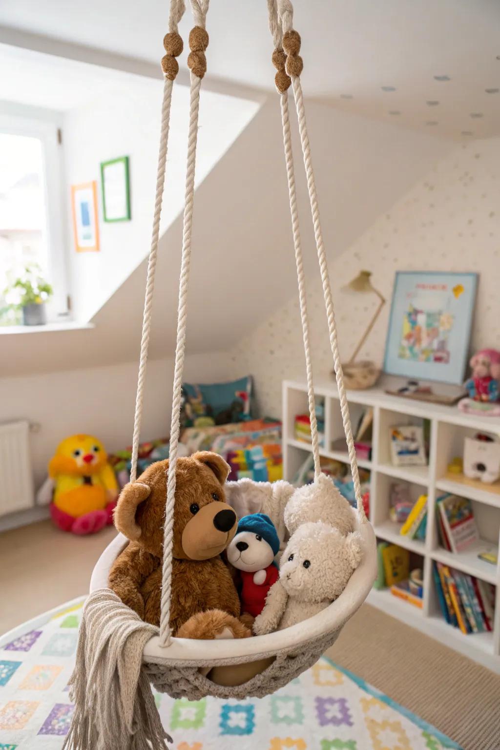 A swing is a fun way to display toys.