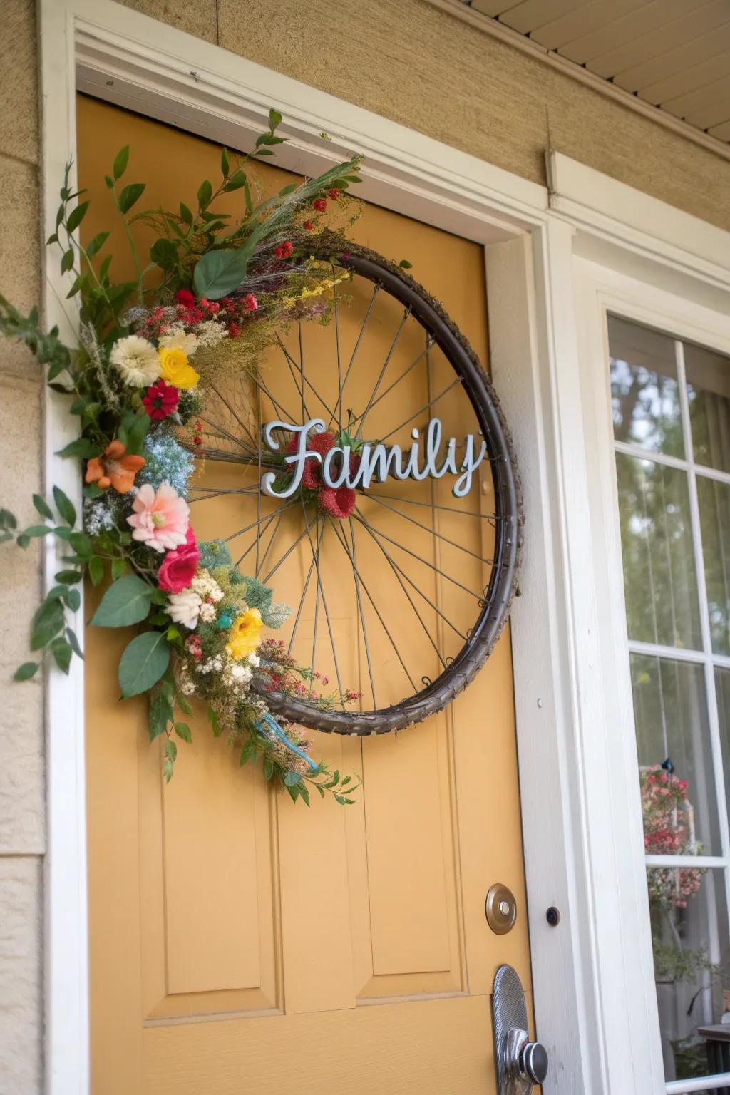 A tailored bicycle wreath featuring initials, injecting a distinctive touch to home ornaments.