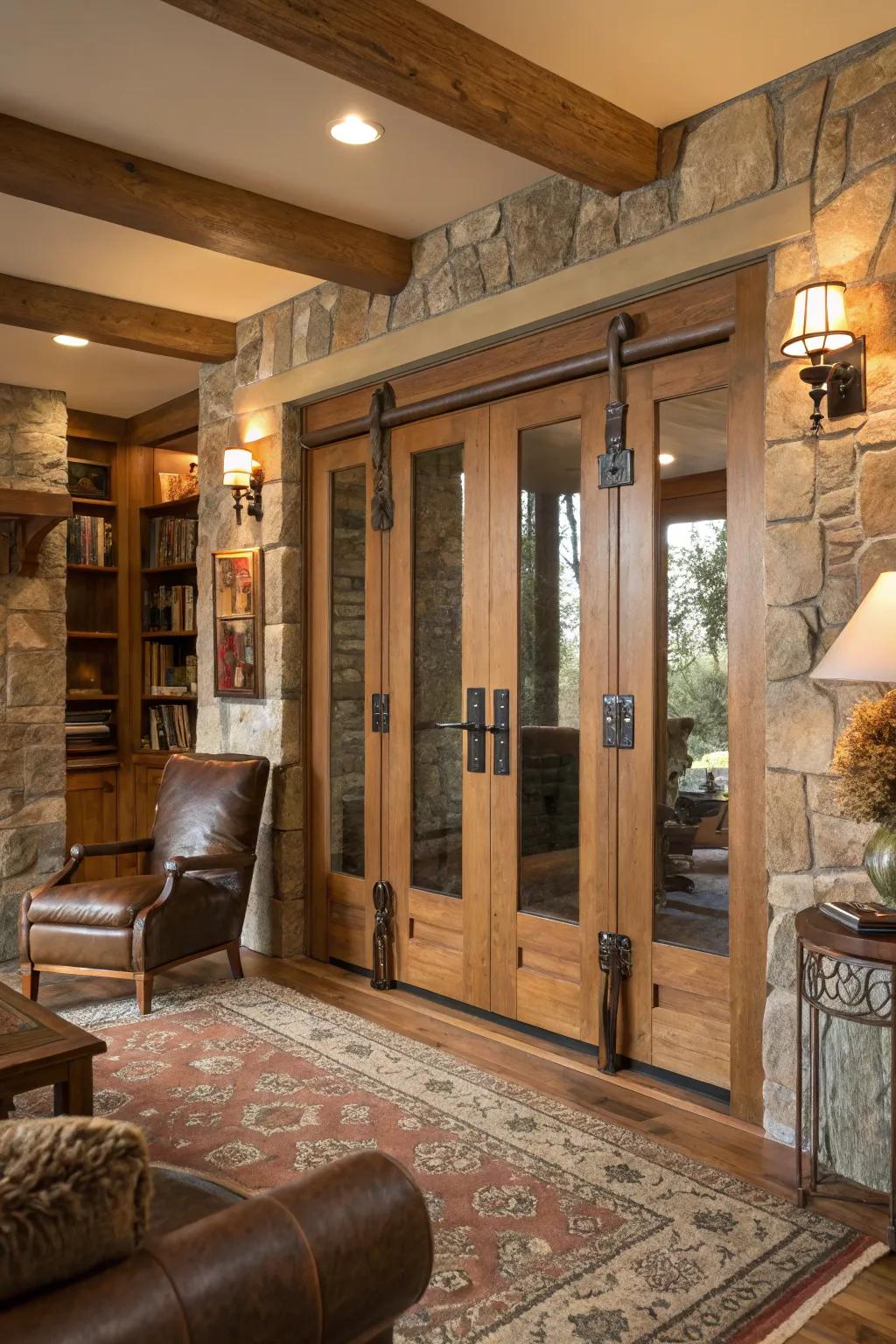 Fabric band accents provide a distinct, tactile feel to bifold doors.