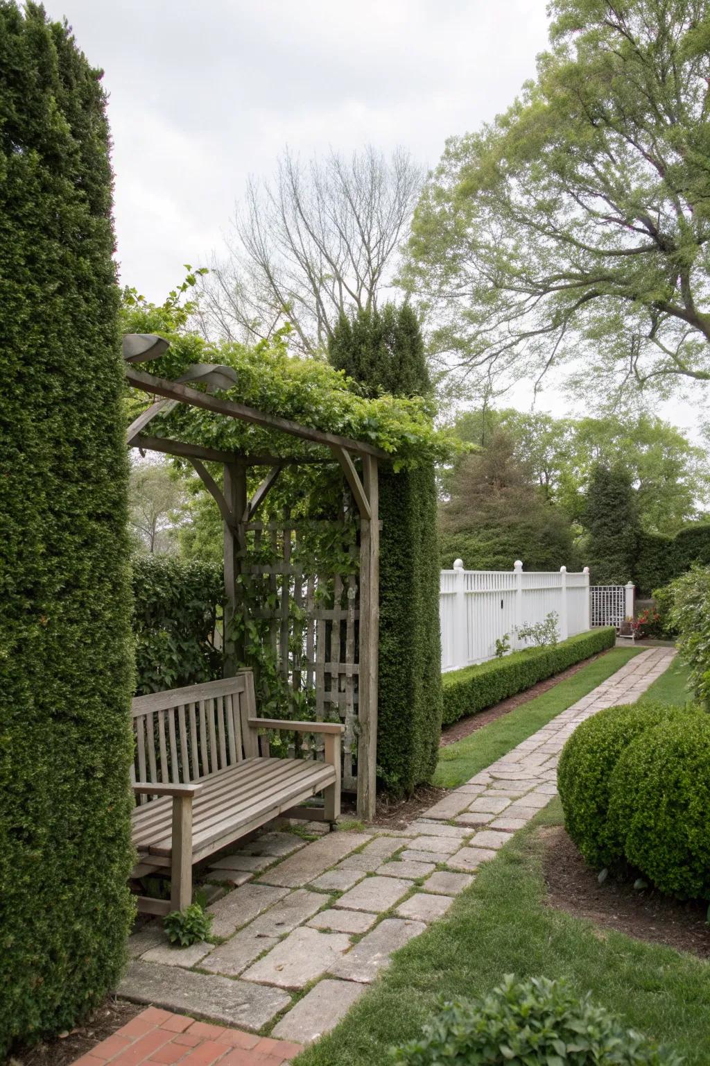 Privacy elements like hedges and lattices create a secluded retreat.