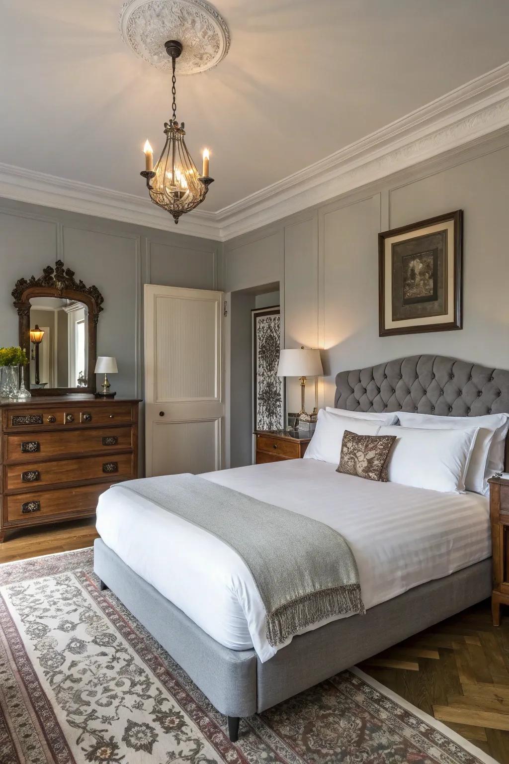 A spacious bedroom combining modern and traditional styles for a timeless aesthetic.