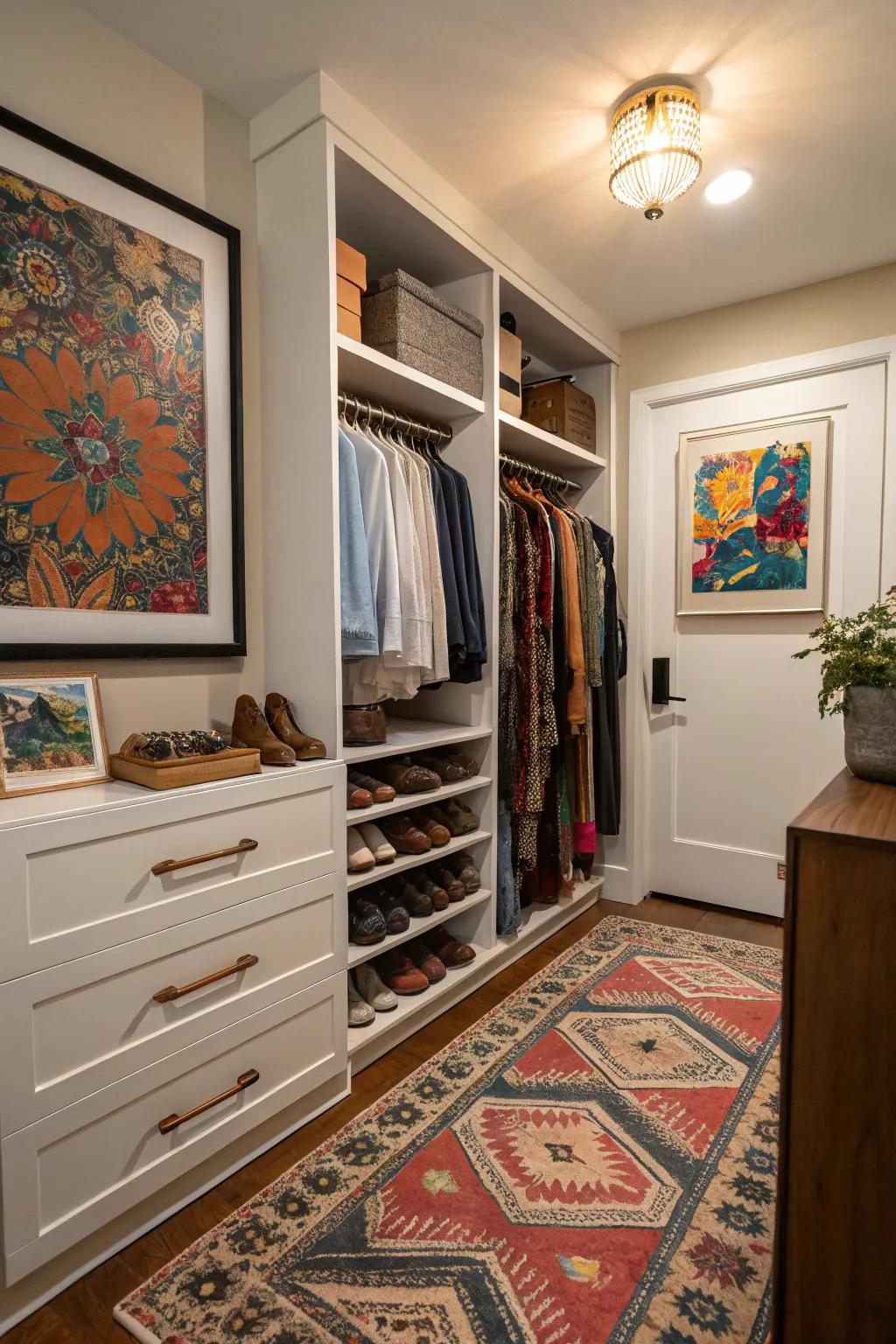 A closet showcasing decorative elements like artwork and a patterned rug.