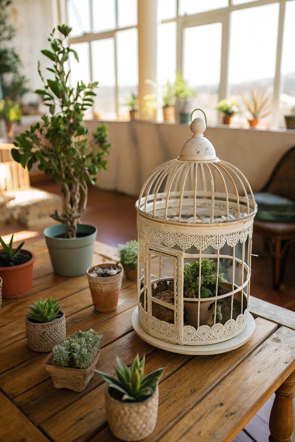 A bird sanctuary converted into a pocket-sized garden centerpiece.