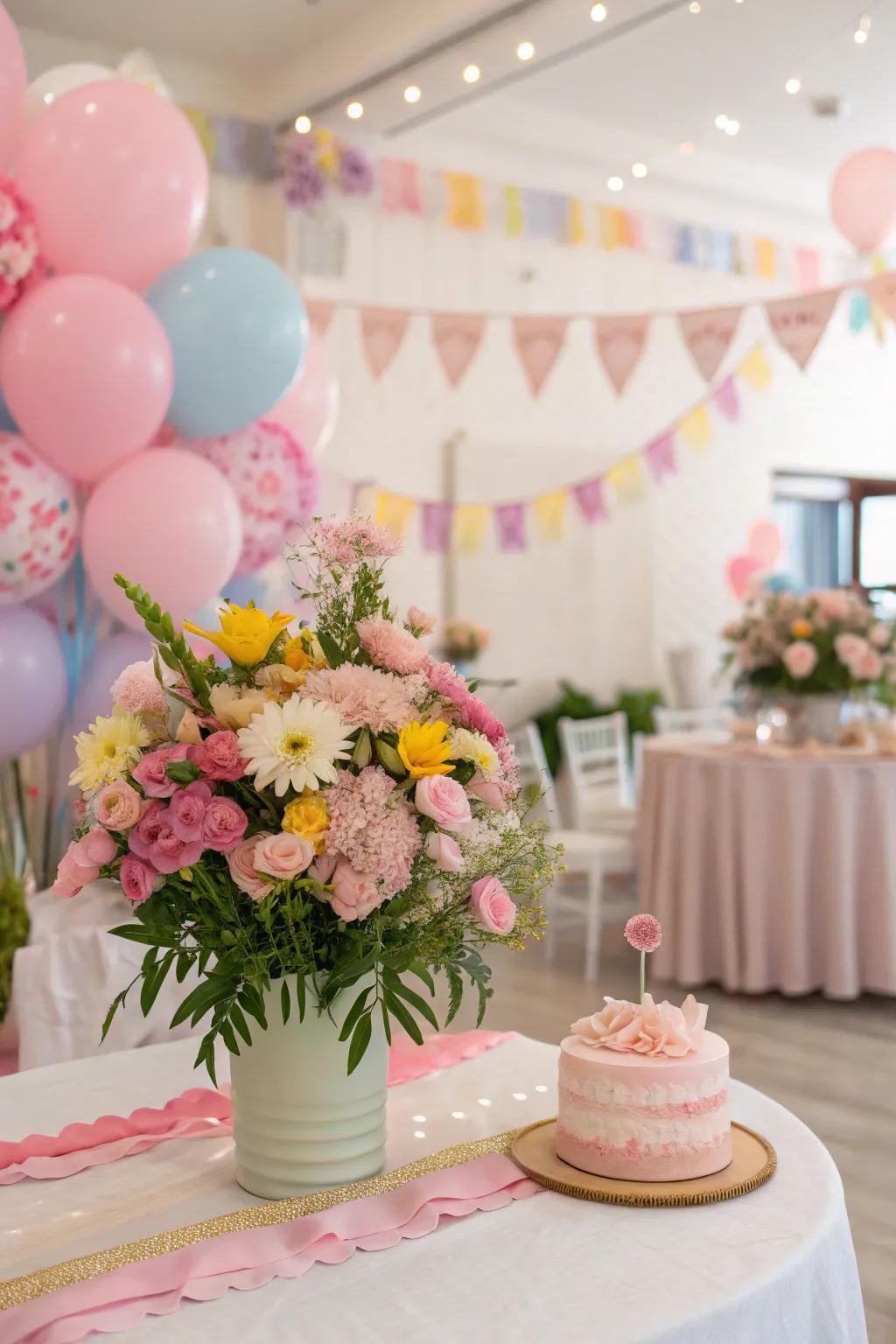 Beautiful floral highlights adding refinement to birthday party decor.
