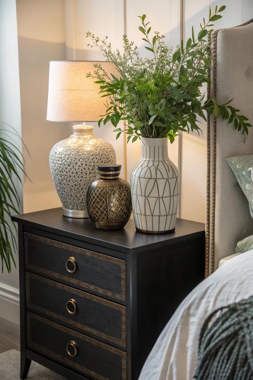 Ornamental glassware and vegetation inject color and vitality into the room.