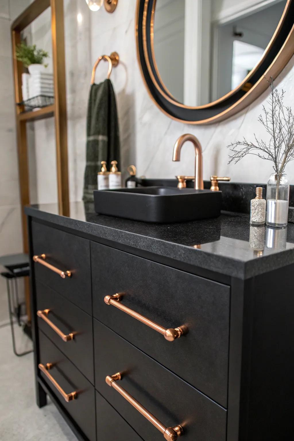 A sleek vanity with copper accents distinguishes itself in a contemporary bathroom.