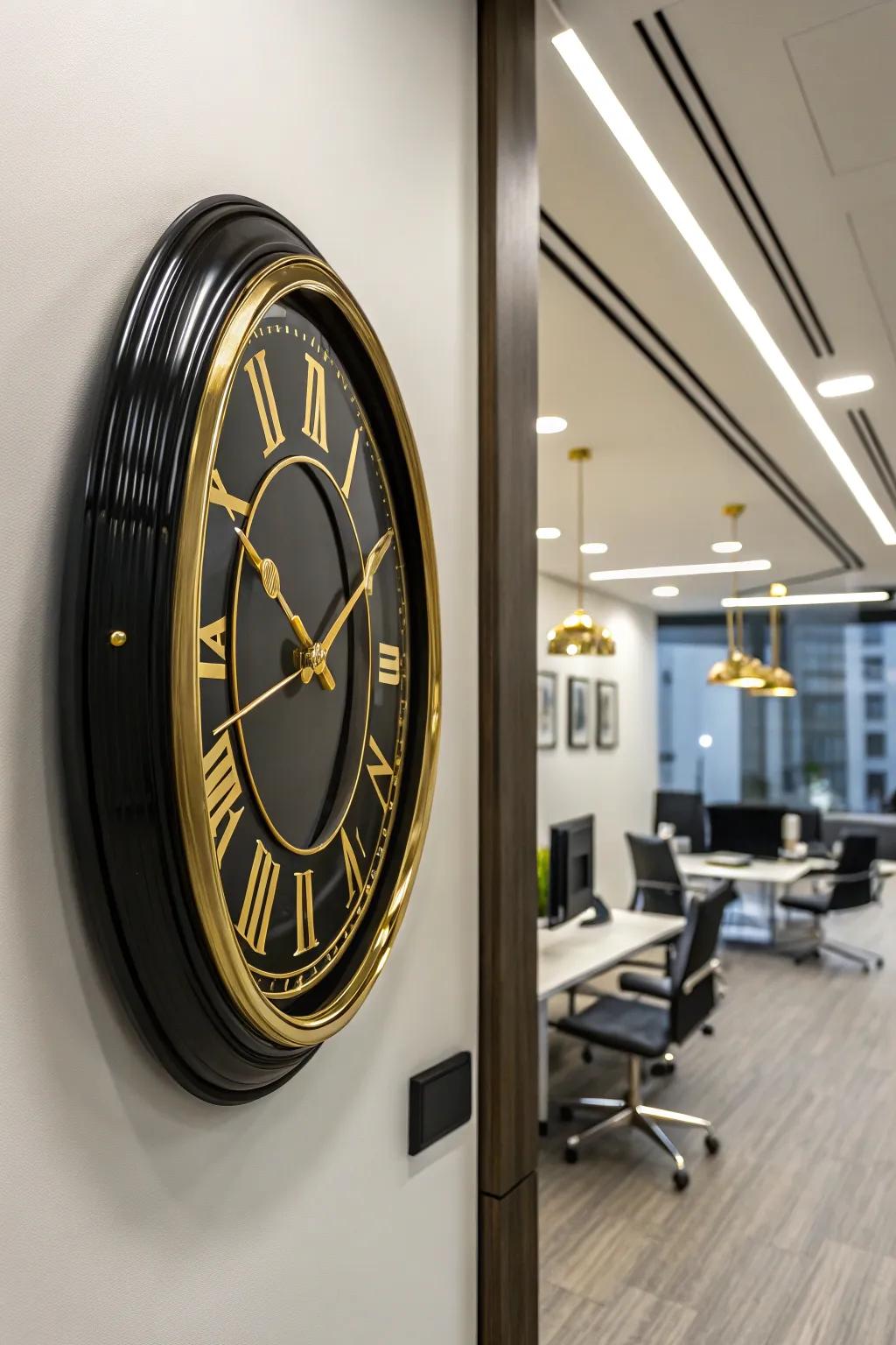 A dark and gilded time piece is a timeless complement to your décor.
