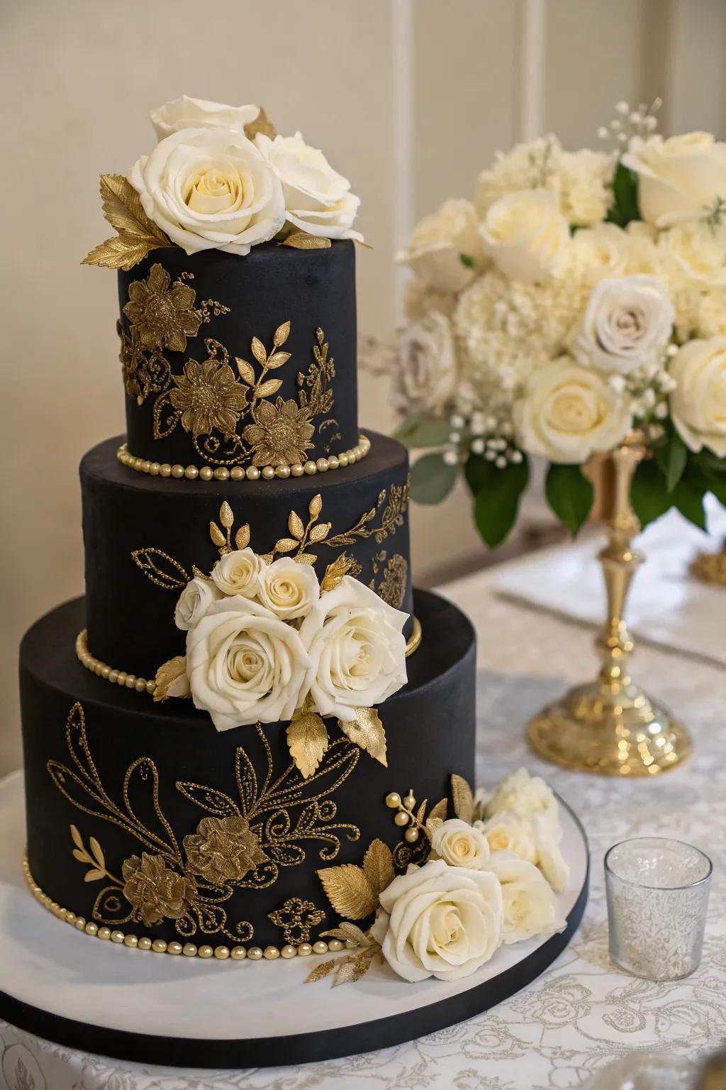 Gilded botanical accents bring a natural elegance to this cake.