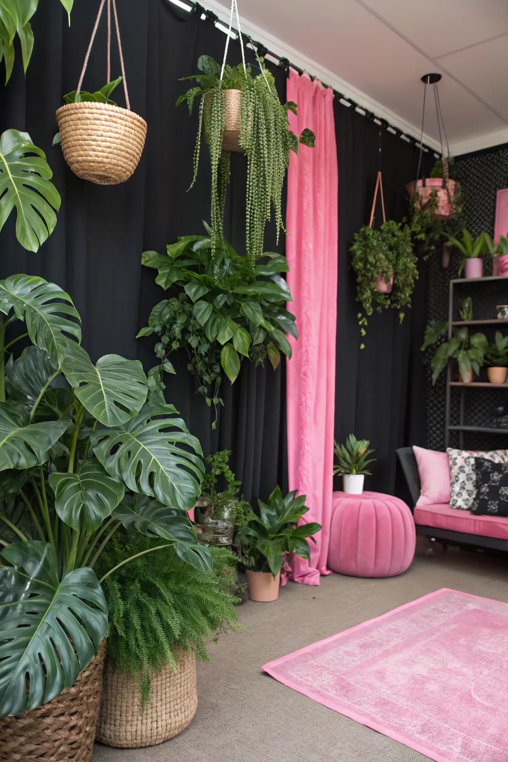 Greenery creates a refreshing contrast to the rose and dark theme.