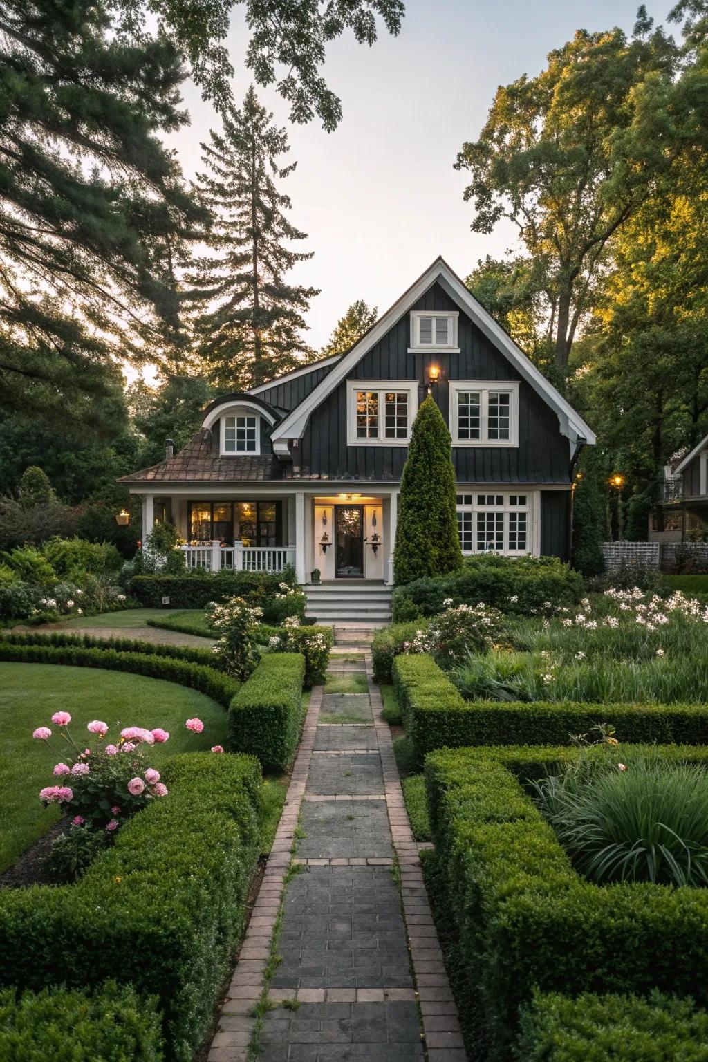 Well-planned greenery enhances the black and white exterior of this home.