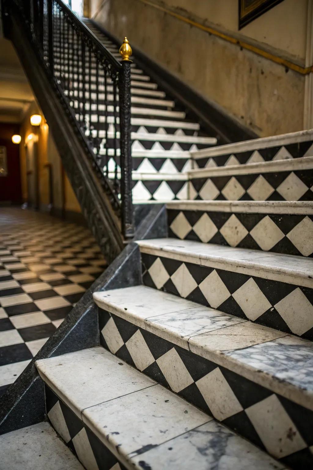 A checkerboard design on stairs for a lively and refined appearance.
