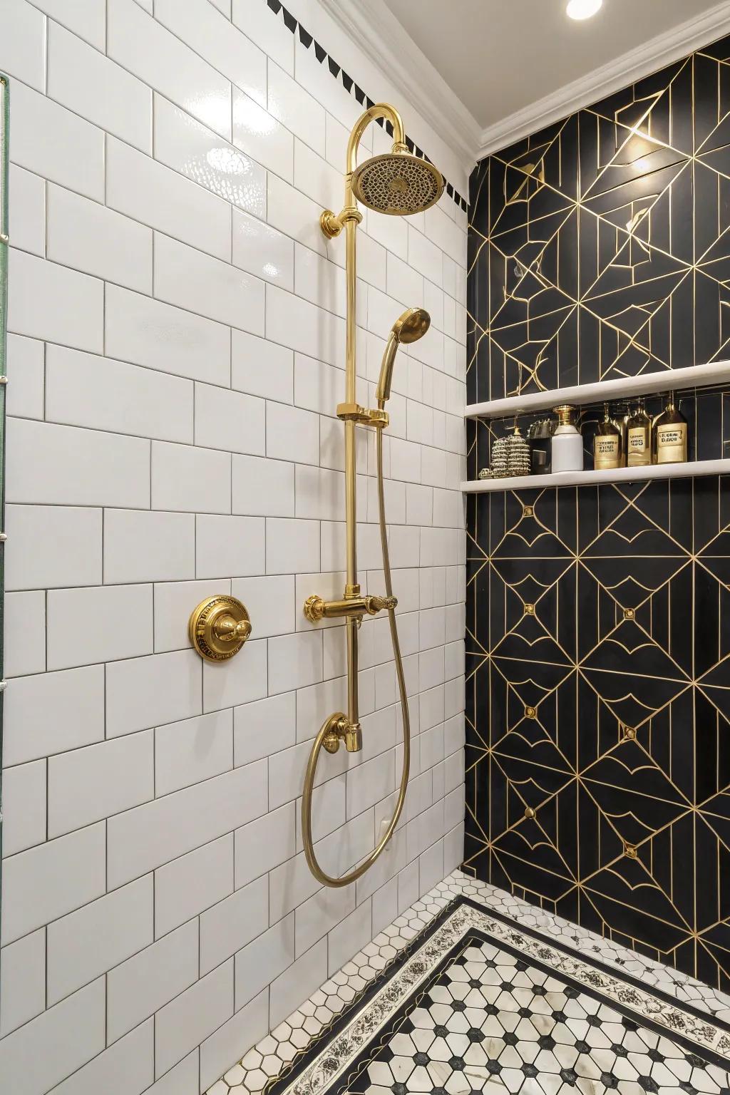 Gold details introduce a sense of opulence to the shower.