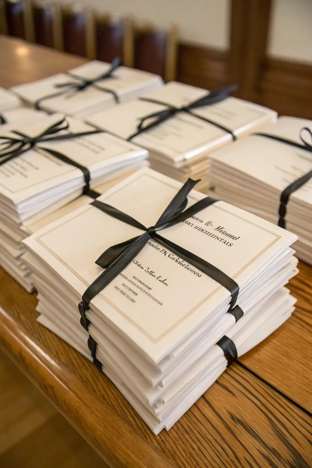 Custom ceremony guides with ebony ribbons add a sleek touch.