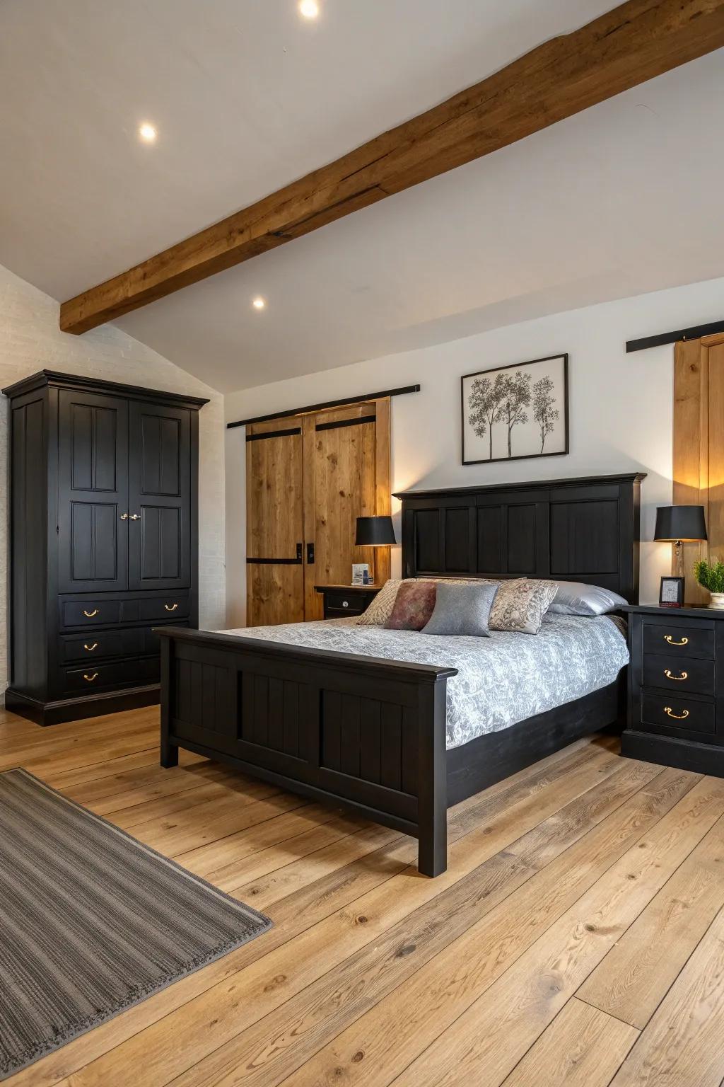 Organic wood elements infuse warmth into this dark-themed bedroom.
