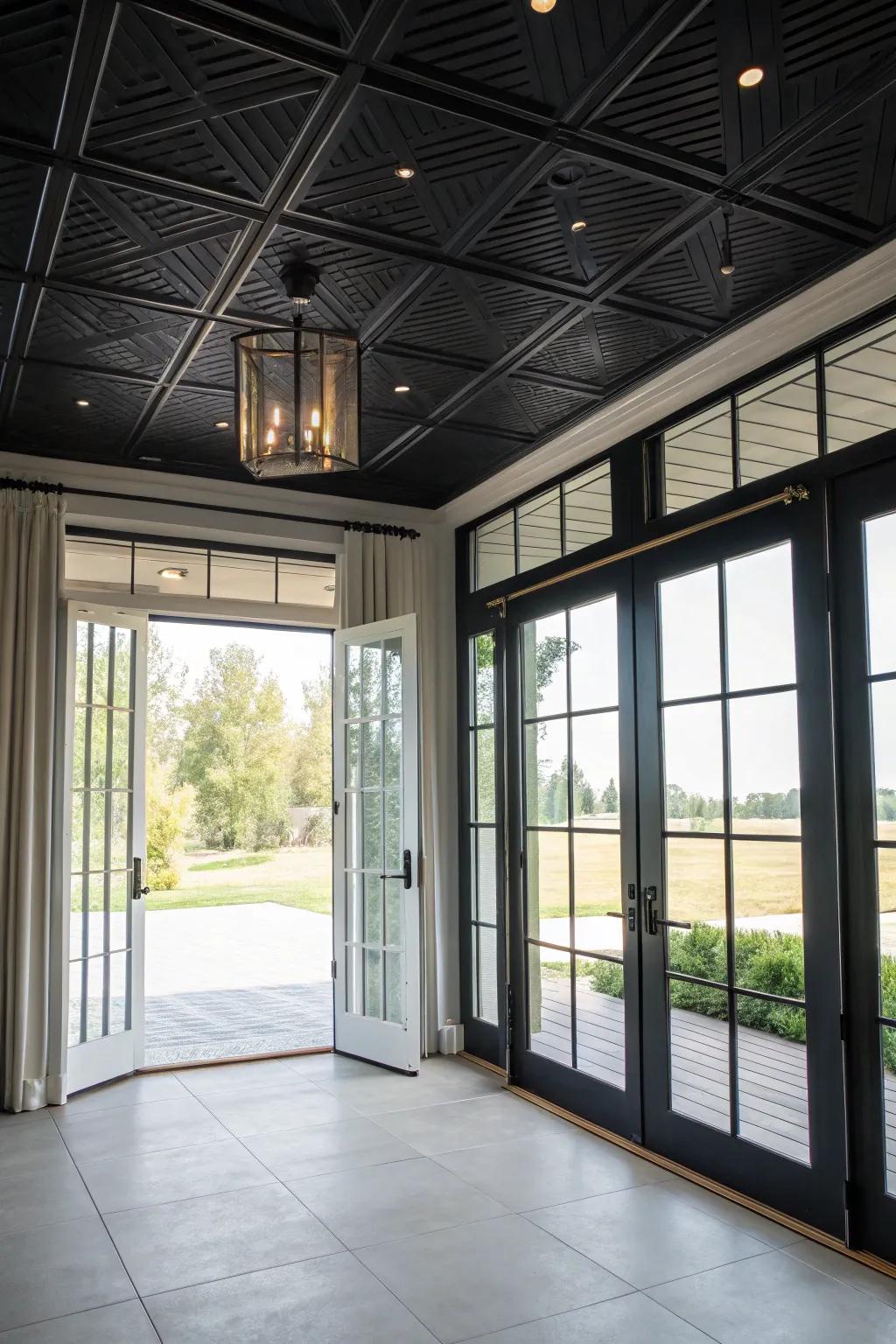 A bright room where natural light accents a dark overhead.
