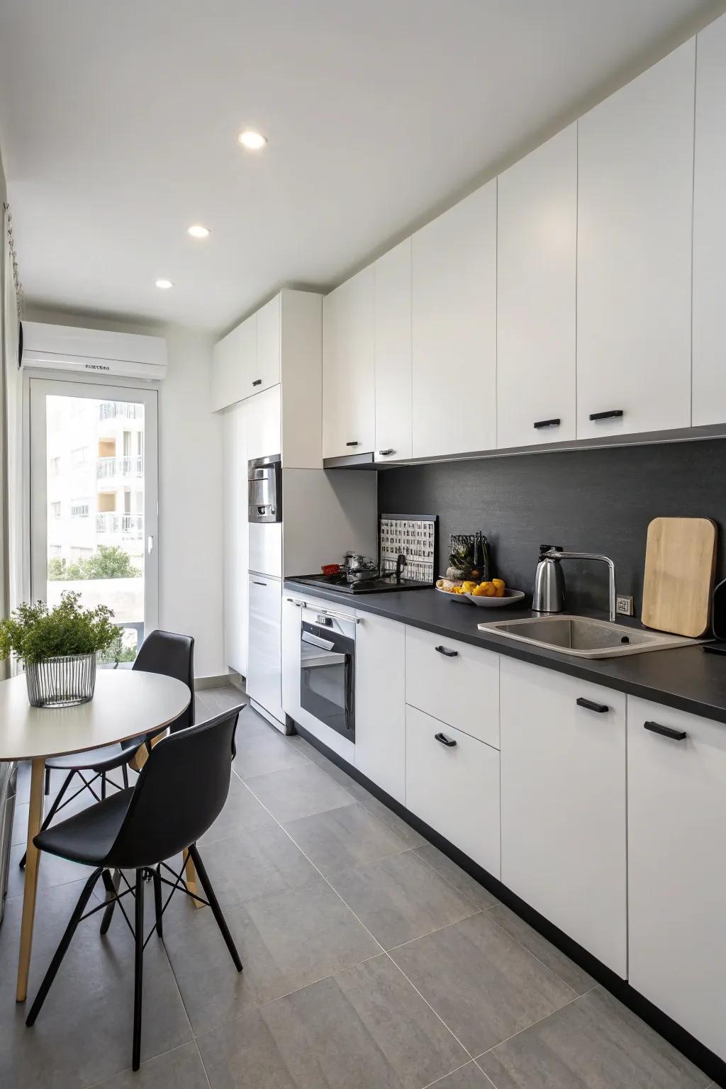 A minimalist kitchen featuring sleek black countertops.