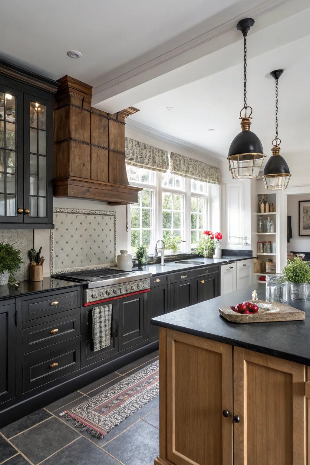 Contemporary and traditional aesthetics merge using ebony worktops.
