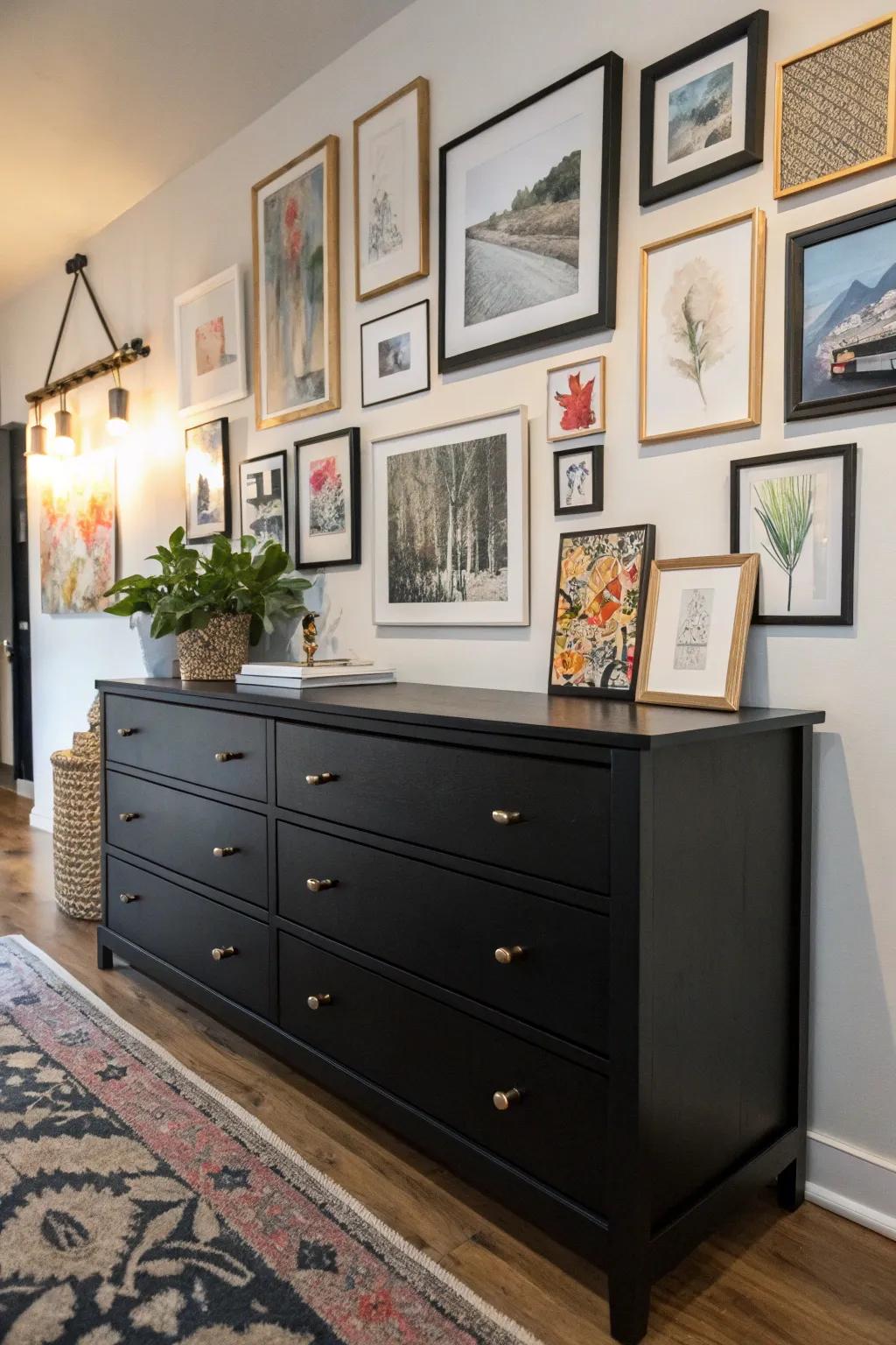 A dark wood dresser serving as a base for an artistic gallery display.