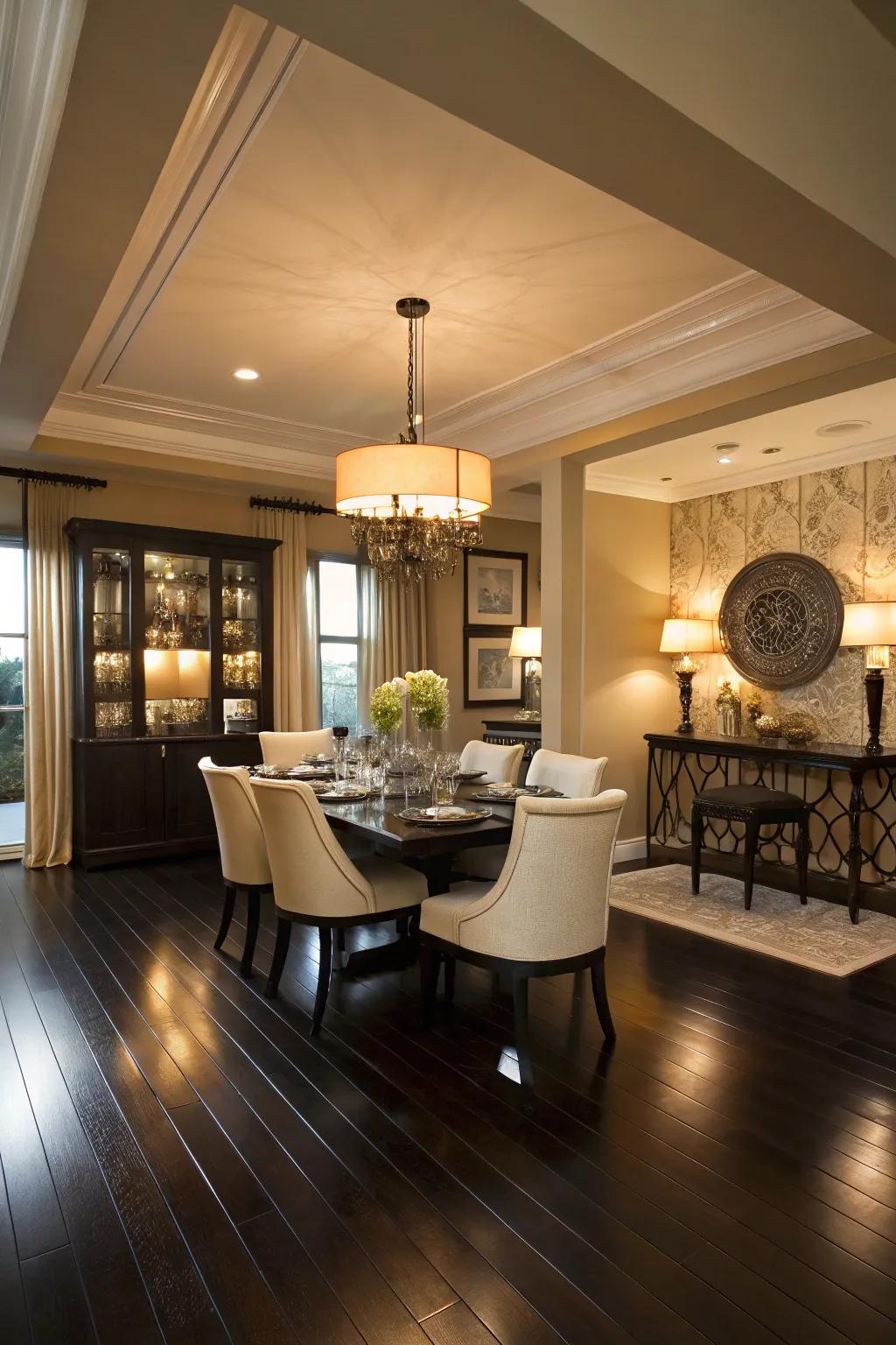 Elegant dining room with dark hardwood floor.