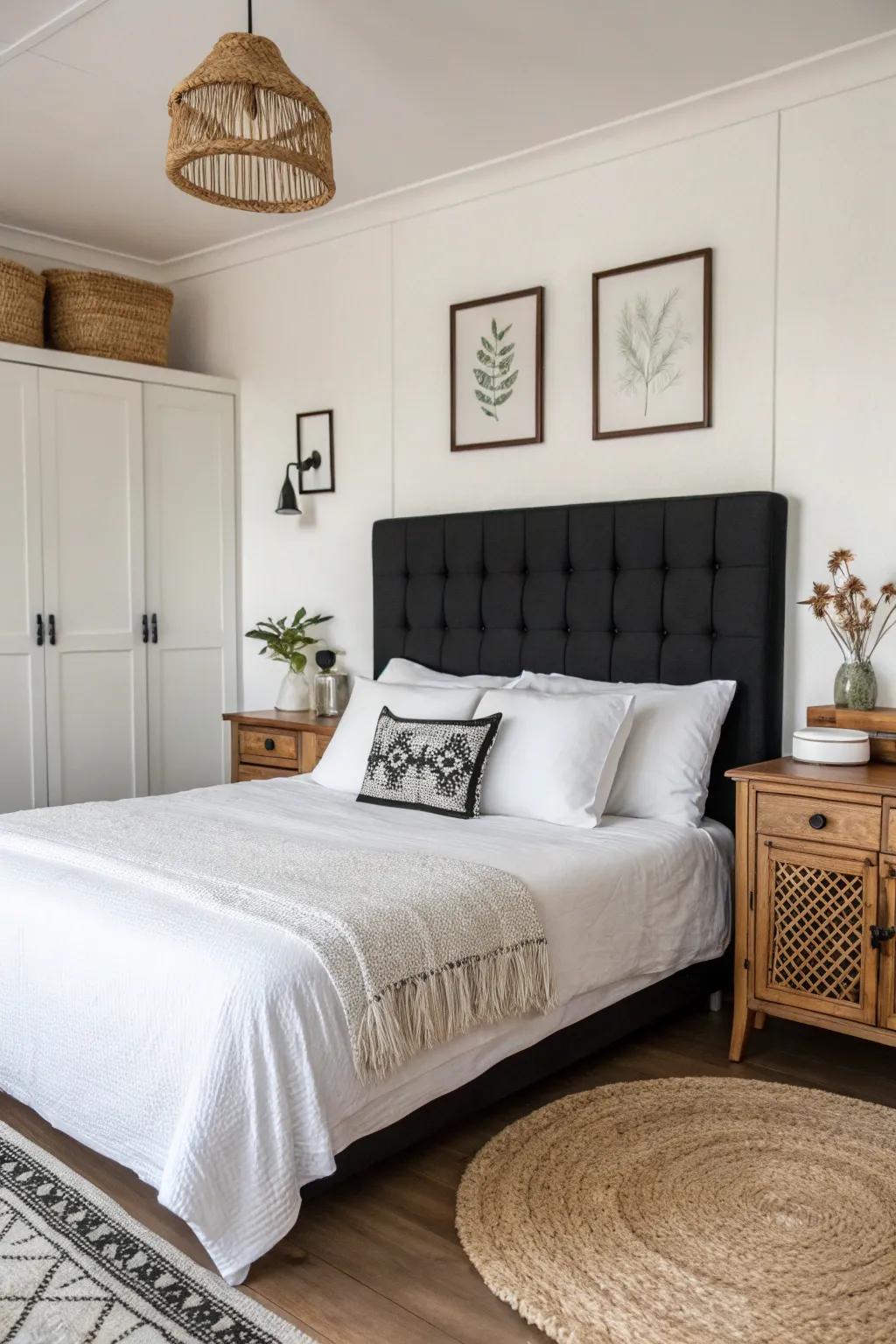 Ageless bedroom featuring bold dark-toned and white contrasts