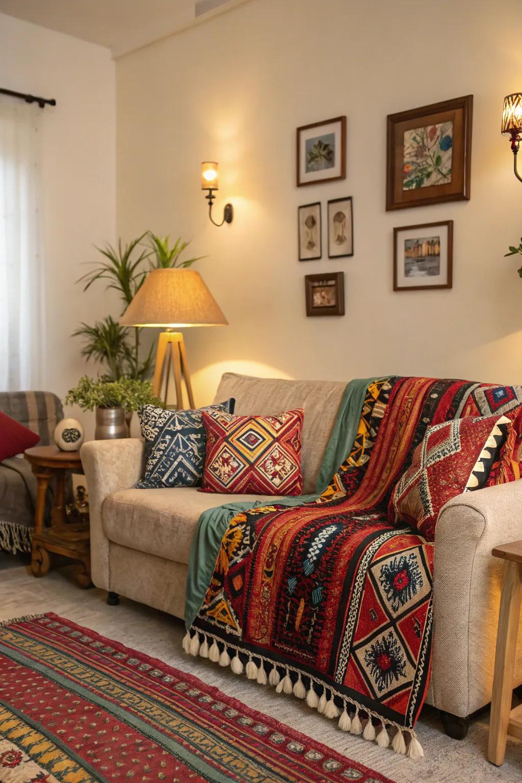 Ethnic cushions and throws provide flair and comfort.