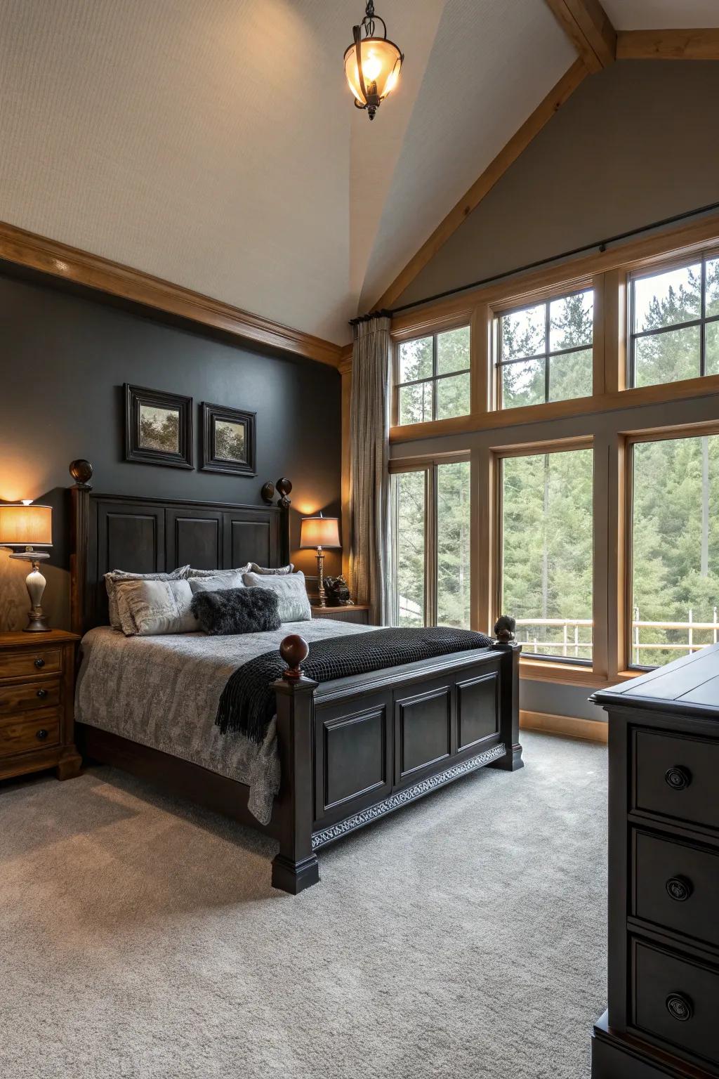 Organic timber components add coziness to a streamlined charcoal decor.
