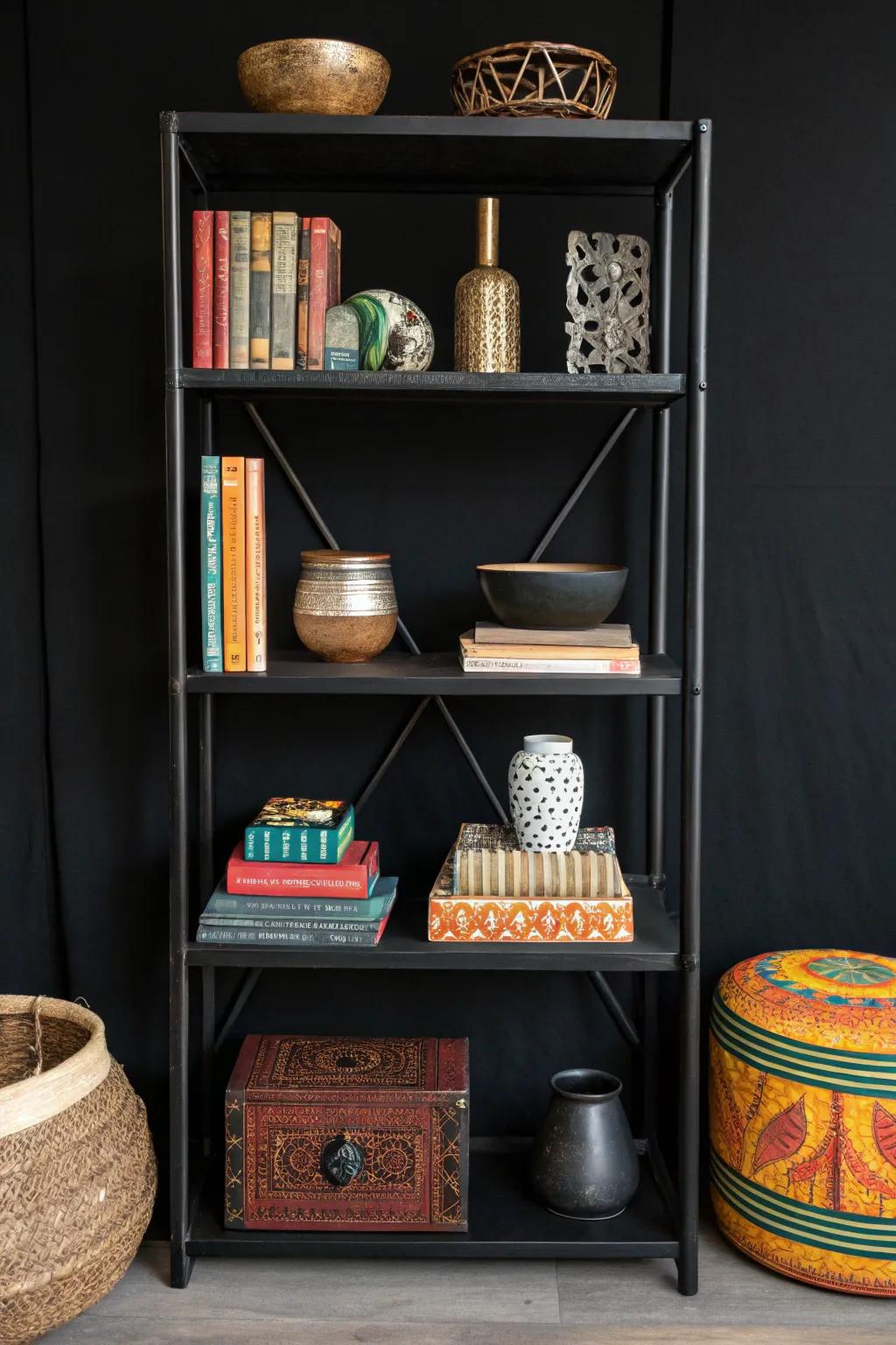 Layered decor pieces infusing dimension into a dark-colored shelf.