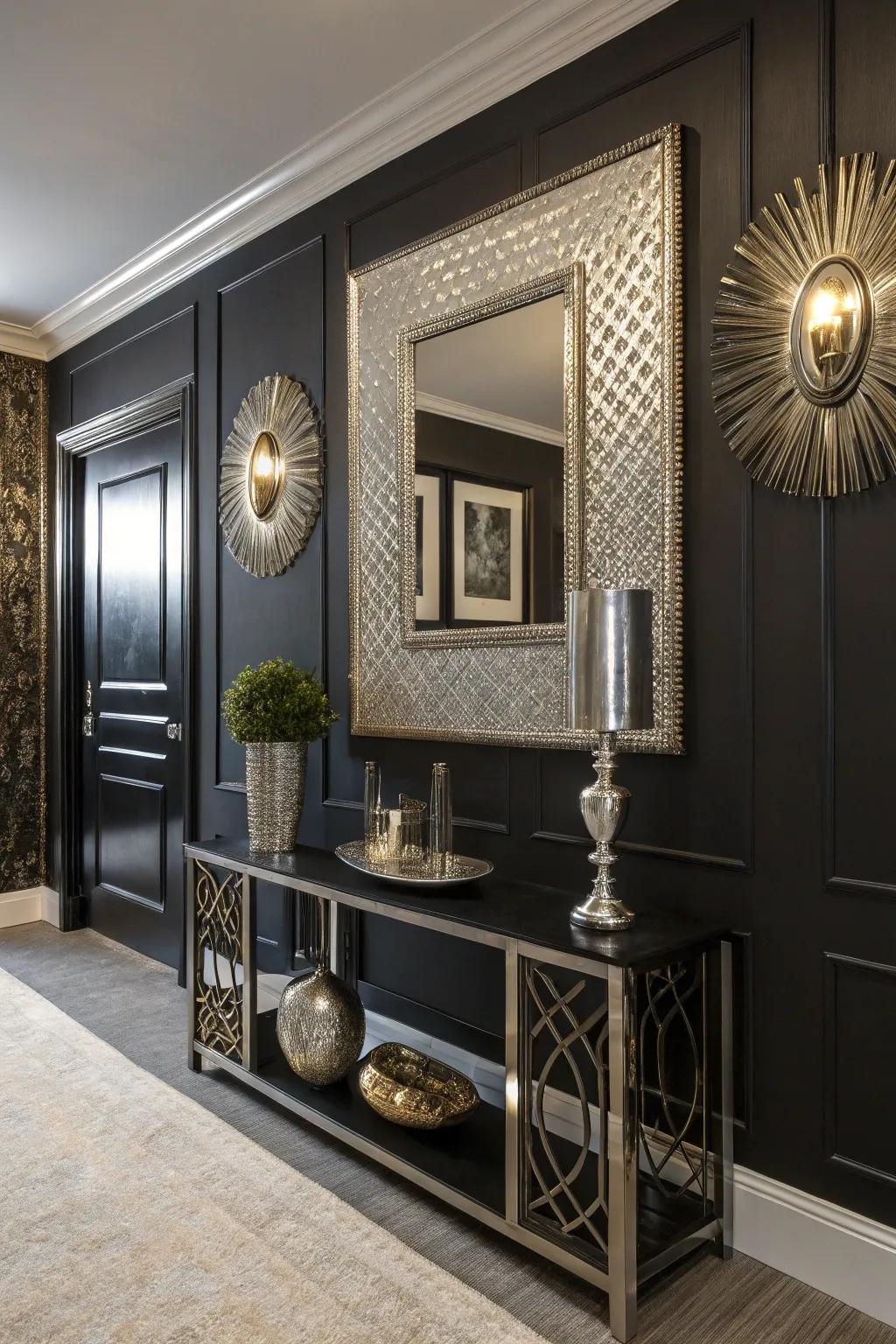 Mirrors and metallic details featured on a black wall.