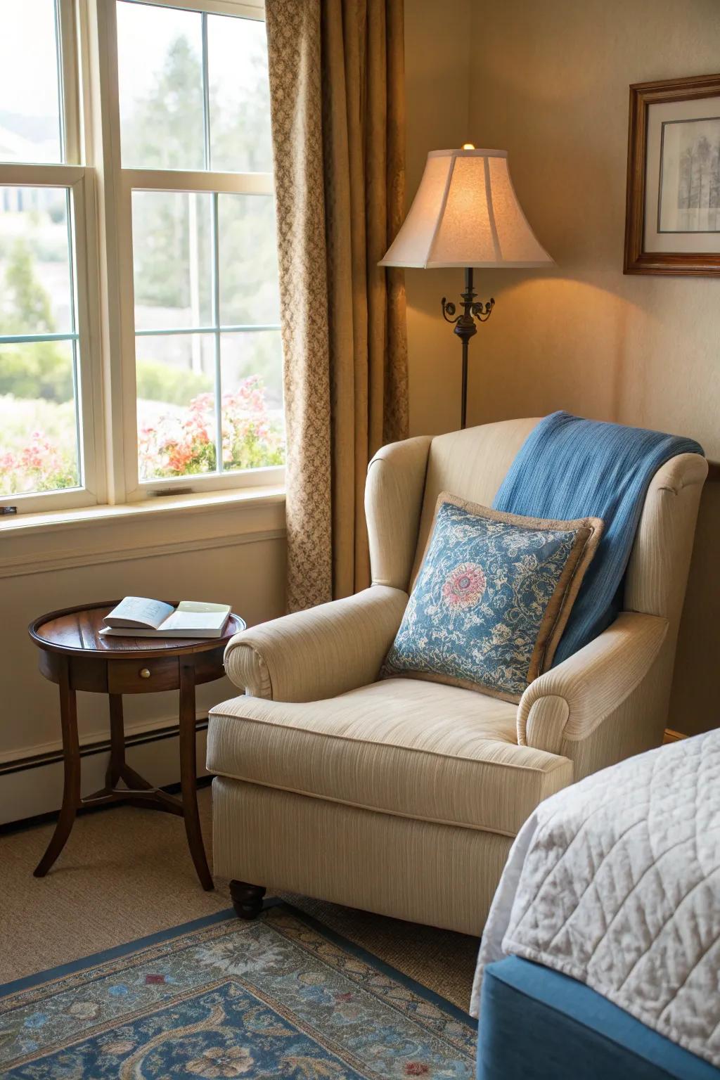 A sandstone armchair with azure cushions creates a delightful reading space.