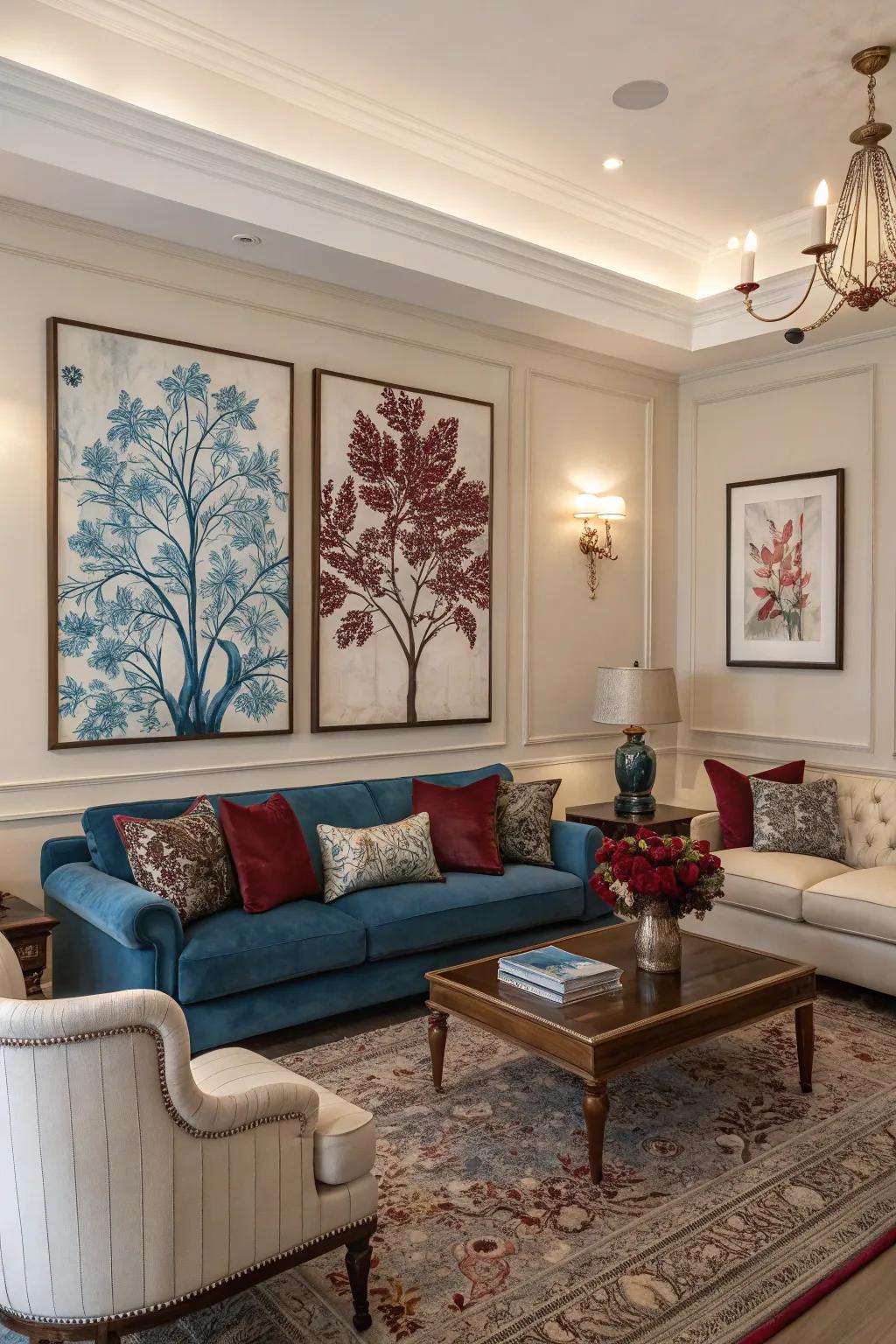 Artistic creations featuring azure and wine hues exquisitely bind the area together.