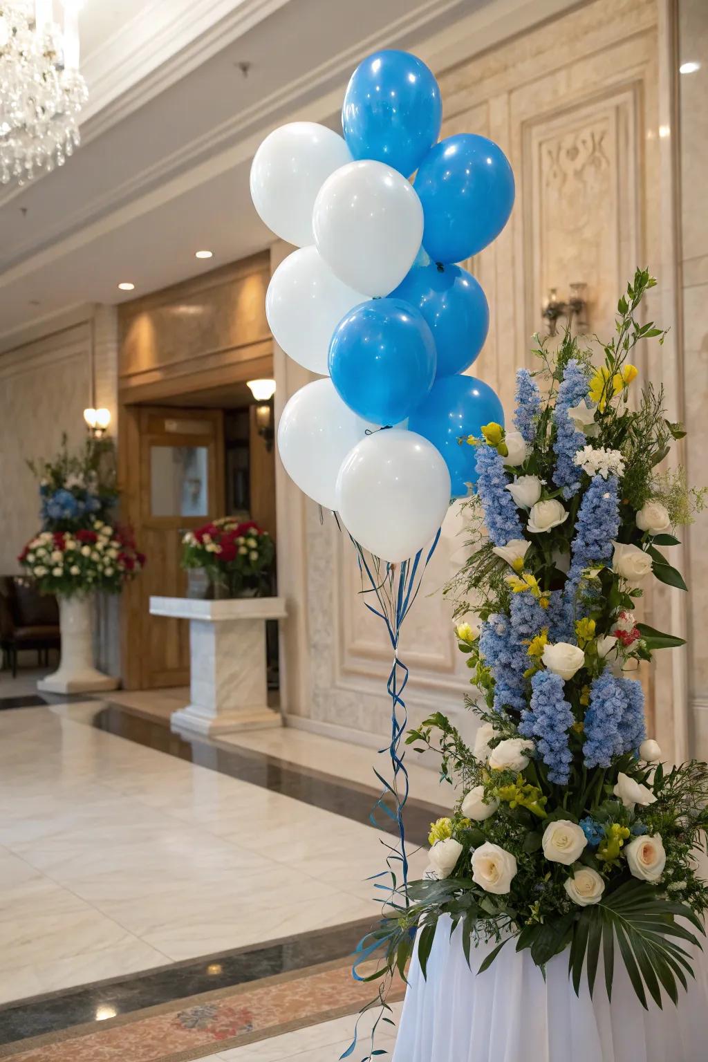 Floral arrangements combined with balloons contribute a natural elegance.