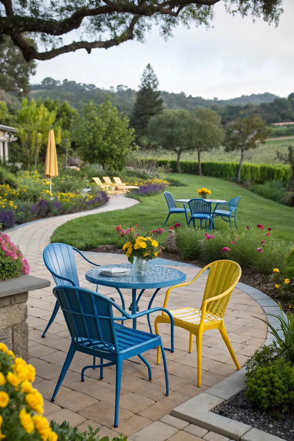 An alfresco patio showcasing azure and gold furnishings for a vibrant setting.