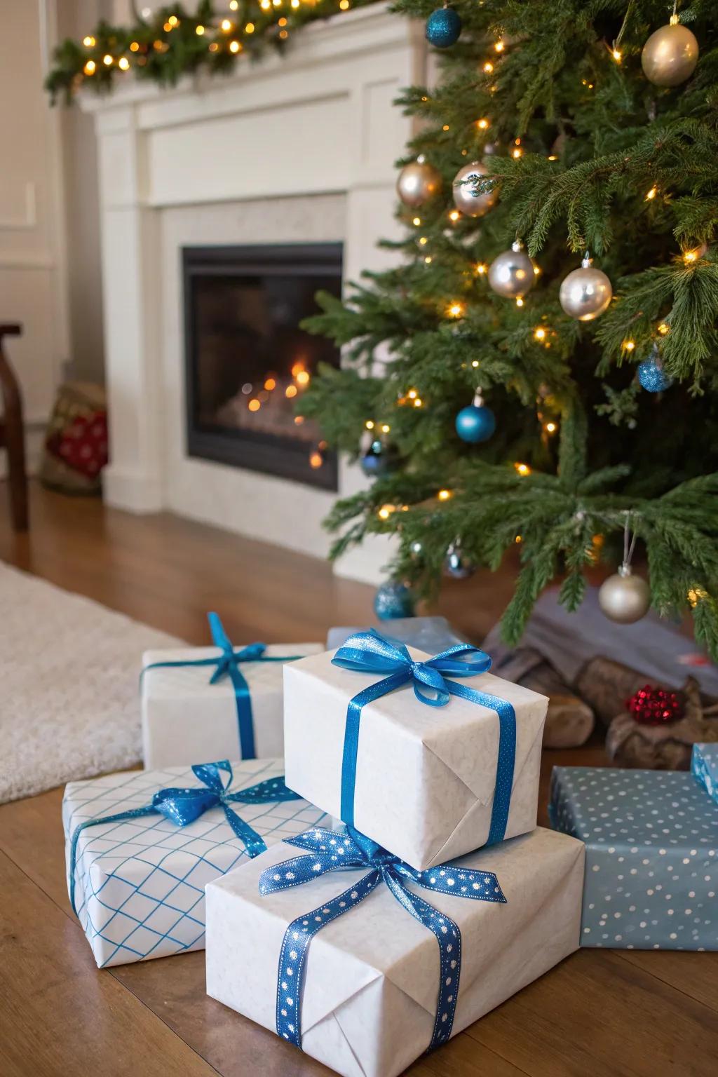 Azure ribbons add a touch of elegance to your holiday gifts.