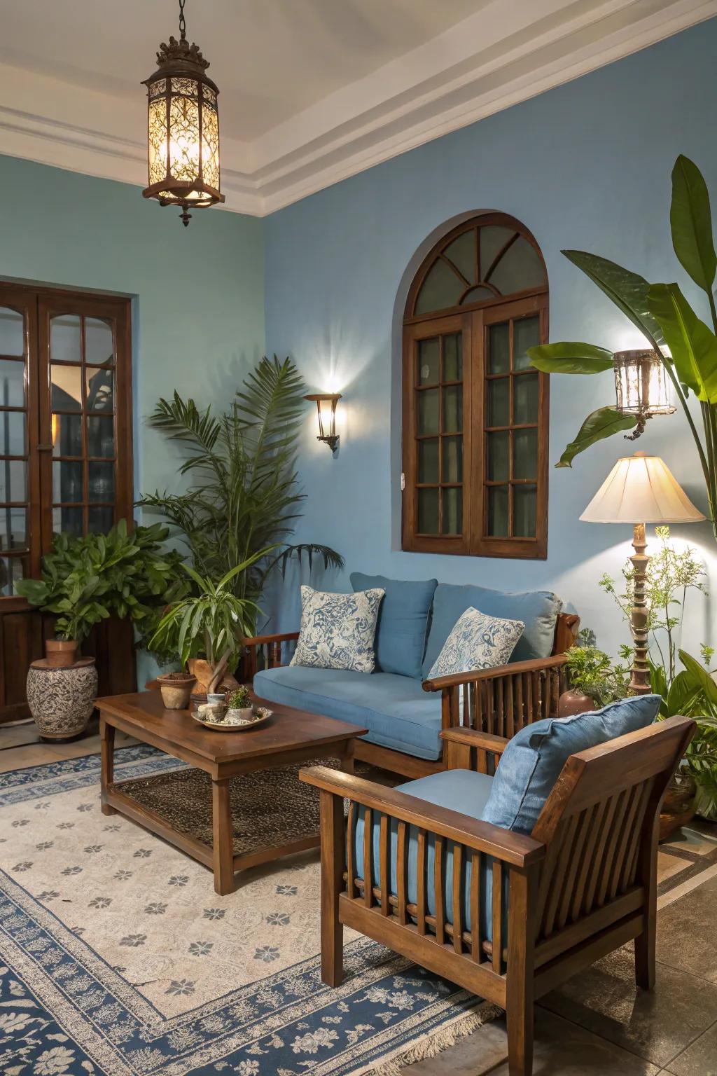 Natural elements complement the blue shades, resulting in a warm and welcoming ambiance.